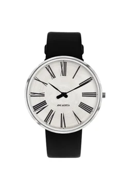 ARNE JACOBSEN ROMAN STÅL 40MM GRÅ SKIVE SORT LÆDERREM