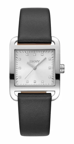 DKNY CITY MIDI UR DAME STÅL MED SORT LÆDERREM - DK1L004L0015