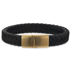 SCROUPLES FORCE ARMBÅND SORT LÆDER FORGYLDT STÅL LÅS 21CM - 03571A,M