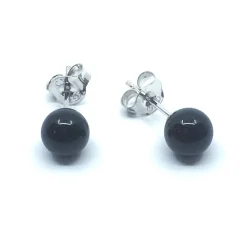 SØLV RHODINERET ØRESTIK MED RUND SORT ONYX 4 MM